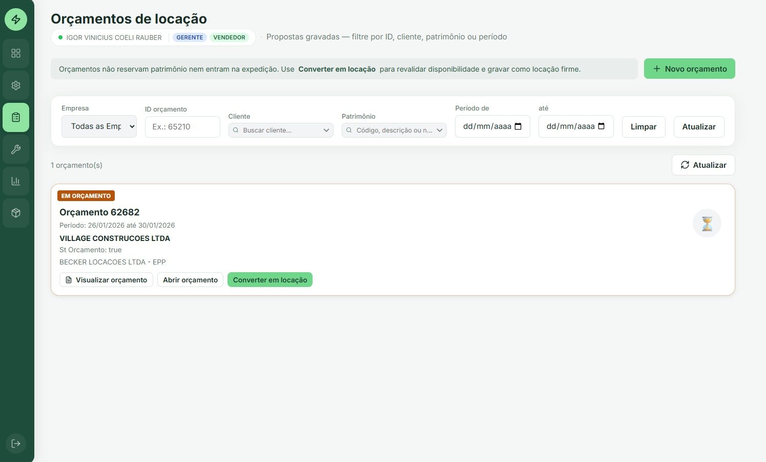 Tela de orçamentos de locação com opção de converter em locação